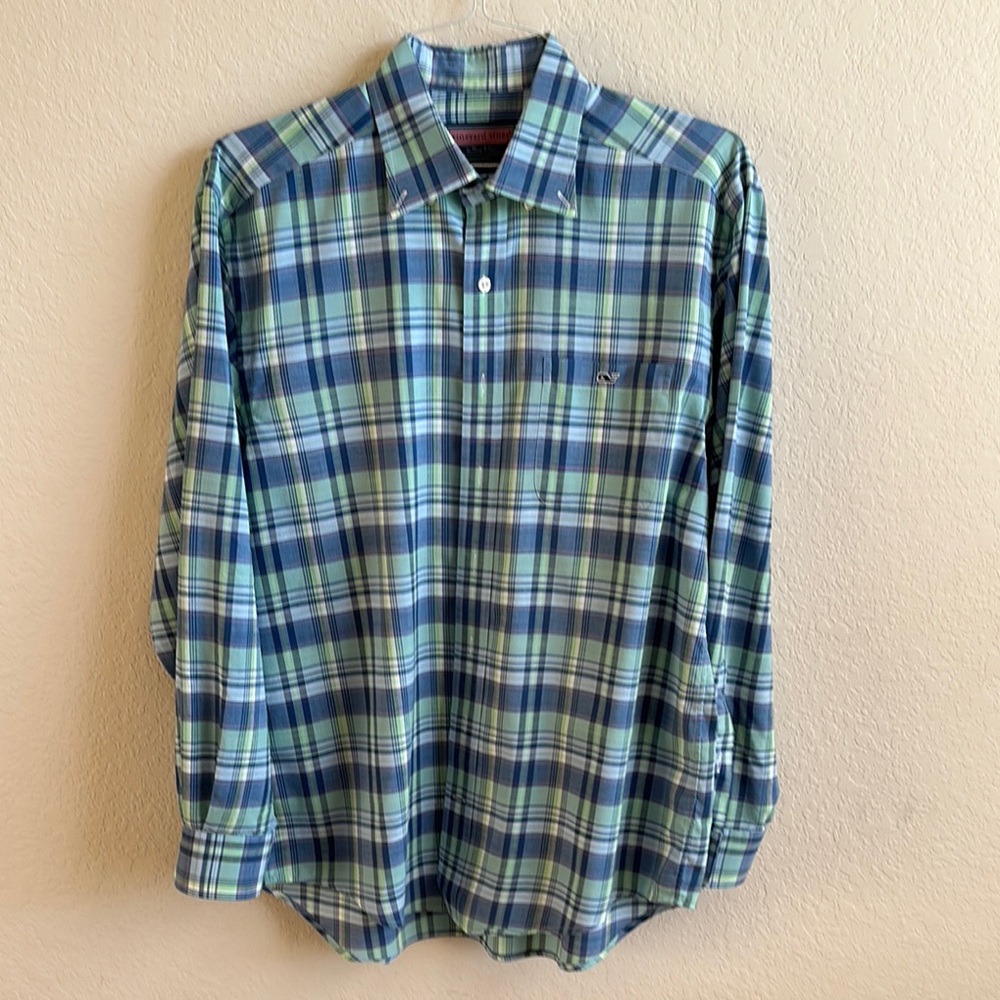 Vineyard Vines Men’s Blue and Green Plaid Casual Shirt Size Medium